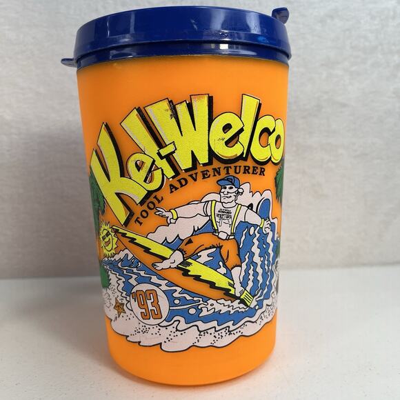 Vtg Aladdin Kel-Welco Big 1993 Mug Tool Adventurer Dude Guy Surfing Orange W Lid - Picture 2 of 11